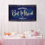 Navy Gold Bat Mitzvah Modern Foil Glitter Script Banner<br><div class="desc">Be proud, rejoice and showcase this milestone of your favourite Bat Mitzvah! Hang up this stunning, modern, stylish, personalised banner to add to her special day. Sparkly, faux gold foil calligraphy script and confetti glitter dots overlay a sophisticated, dramatic navy blue watercolor background. Personalise the custom text with your Bat...</div>