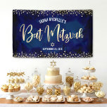 Navy Gold Bat Mitzvah Modern Foil Glitter Script Banner<br><div class="desc">Be proud, rejoice and showcase this milestone of your favourite Bat Mitzvah! Hang up this stunning, modern, stylish, personalised banner to add to her special day. Sparkly, faux gold foil calligraphy script and confetti glitter dots overlay a sophisticated, dramatic navy blue watercolor background. Personalise the custom text with your Bat...</div>