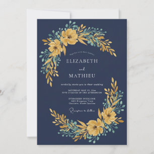 Navy Gold Blossom Wedding Invitation