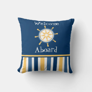 Navy Gold Blue Nautical Wheel Stripes Cushion