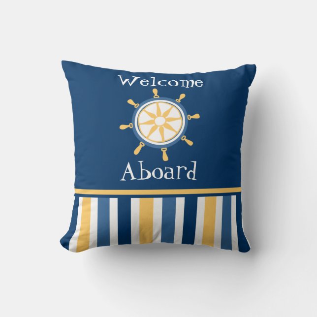 Navy Gold Blue Nautical Wheel Stripes Cushion (Front)