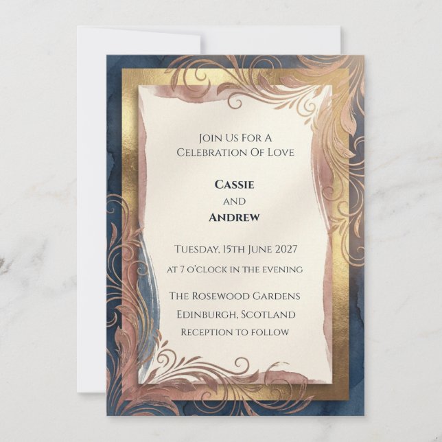 Navy Gold Blush Art Deco Wedding Invitation (Front)