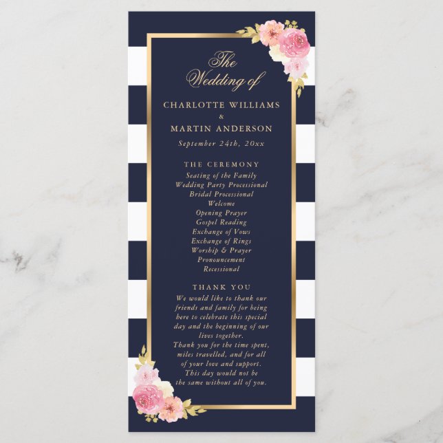 Navy Gold Blush Pink Watercolor Floral Wedding Programme (Front)