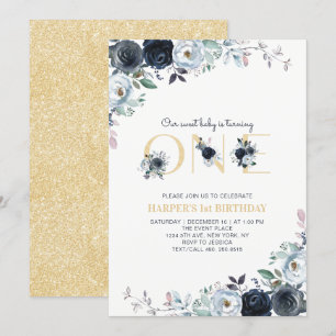 Navy & Gold Boho Floral 1st First Birthday Party Invitation