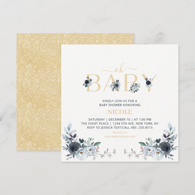 Navy & Gold Boho Floral Baby Shower Square Invitation (Front/Back)