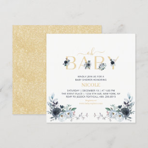 Navy & Gold Boho Floral Baby Shower Square Invitation
