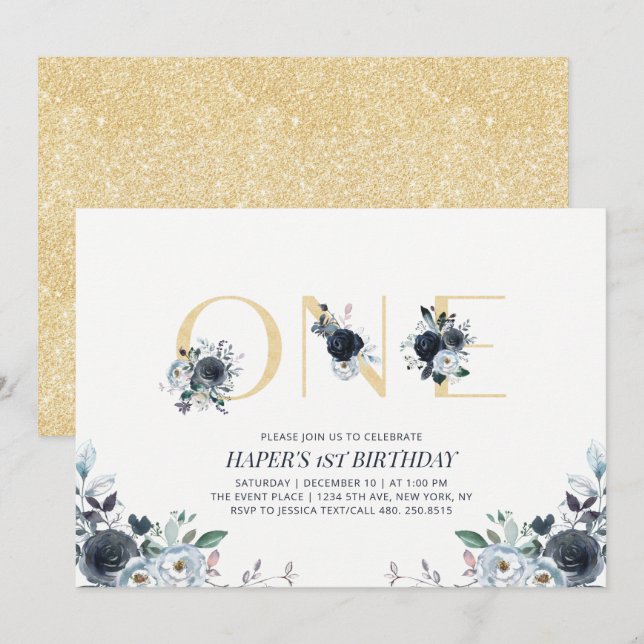 Navy & Gold Boho Floral First 1st Birthday Party Invitation (Front/Back)