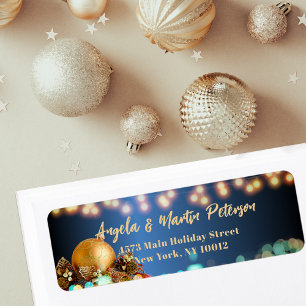 Navy Gold Bokeh Ornament Holiday Return Address