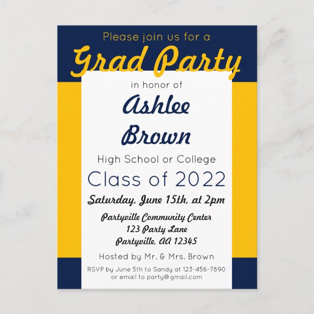 Navy Gold Bold Grad Party Graduation Invitation Postcard (Front)