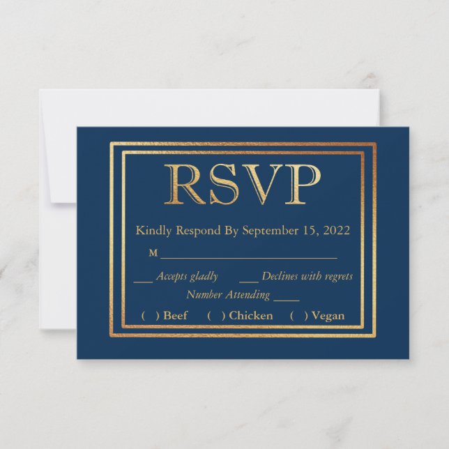 Navy Gold Border RSVP Wedding Simple Meal Choice (Front)