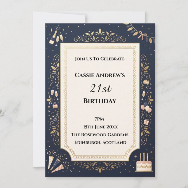 Navy Gold Botanical Milestone Birthday Invitation (Front)