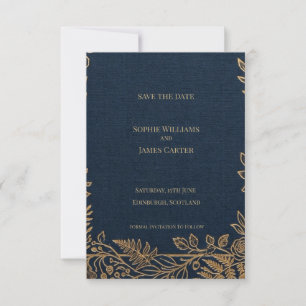 Navy Gold Botanical Save The Date Card