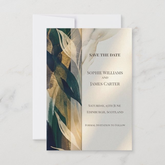Navy Gold Botanical Save The Date Card (Front)