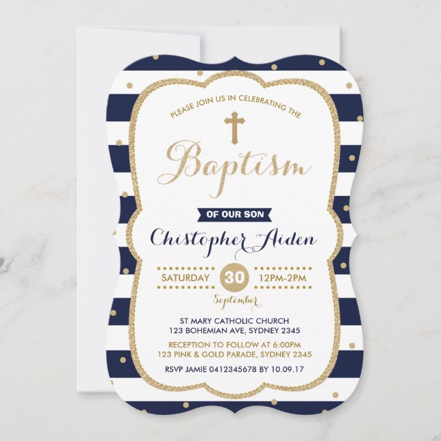 Navy & Gold Boy Baptism Invitation Confetti (Front)