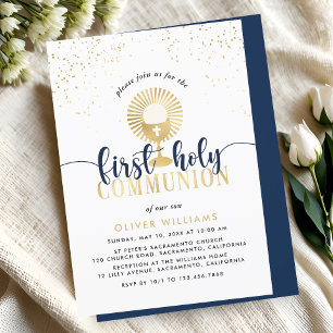 Navy & Gold Boy First Holy Communion Invitation