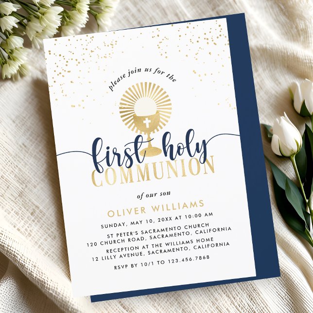 Navy & Gold Boy First Holy Communion Invitation (Creator Uploaded)