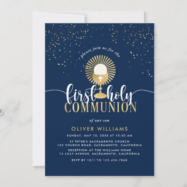 Navy & Gold Boy First Holy Communion Invitation (Front)
