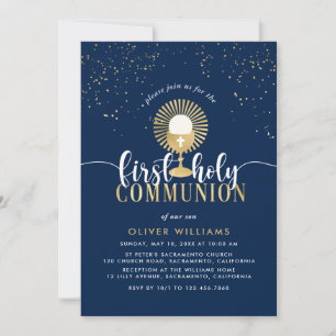 Navy & Gold Boy First Holy Communion Invitation