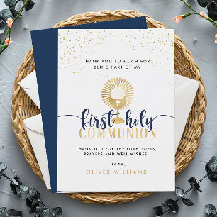 Navy & Gold Boy First Holy Communion Thank You Card
