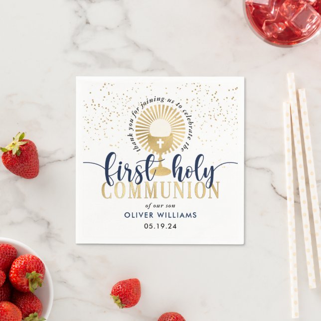 Navy & Gold Boy First Holy Communion Thank You  Napkin (Insitu)