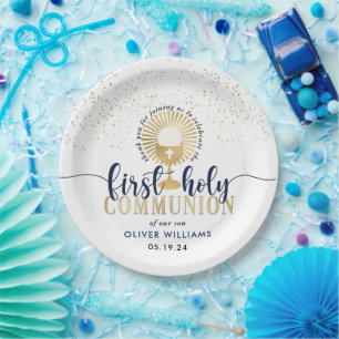 Navy & Gold Boy First Holy Communion Thank You  Paper Plate