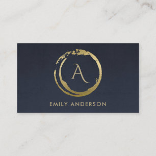 NAVY GOLD BRUSH STROKE STAIN CIRCLE LOGO MONOGRAM BUSINESS CARD