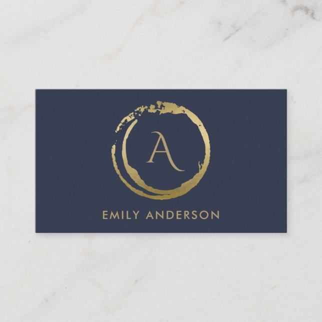 NAVY GOLD BRUSH STROKE STAIN CIRCLE LOGO MONOGRAM BUSINESS CARD (Front)