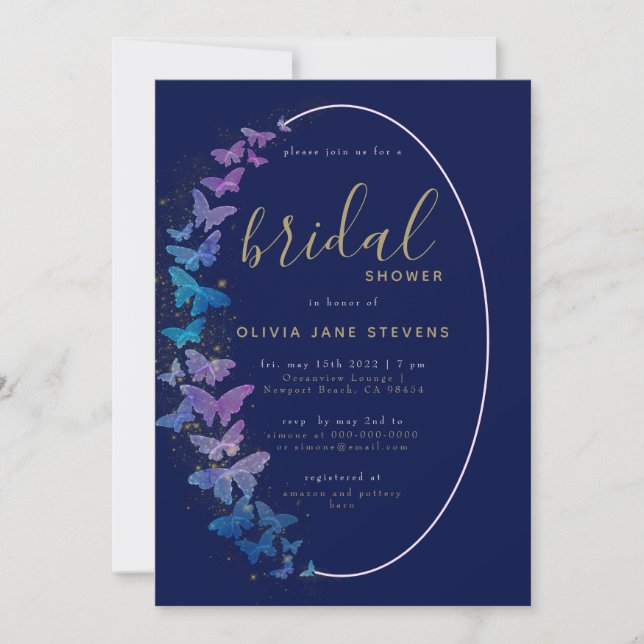 Navy Gold Butterflies Boho Frame Bridal Shower Invitation (Front)