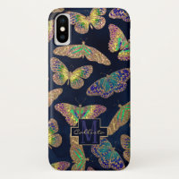 Navy Gold Butterflies Glitter Watercolor Monogram
