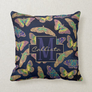 Navy Gold Butterflies Glitter Watercolor Monogram Cushion