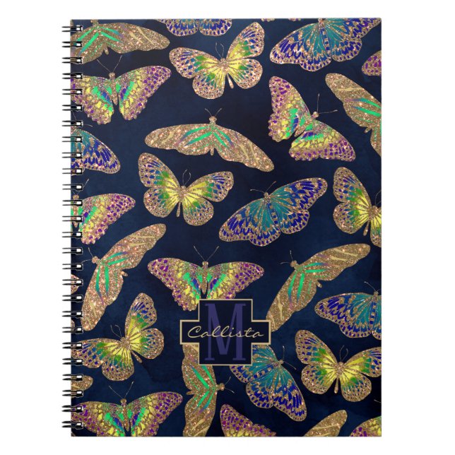 Navy Gold Butterflies Glitter Watercolor Monogram Notebook (Front)