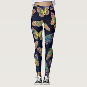 Navy Gold Butterflies Glitter Watercolor Pattern Leggings