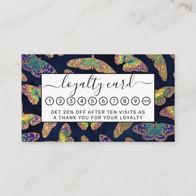 Navy Gold Butterflies Glitter Watercolor Pattern Loyalty Card (Front)