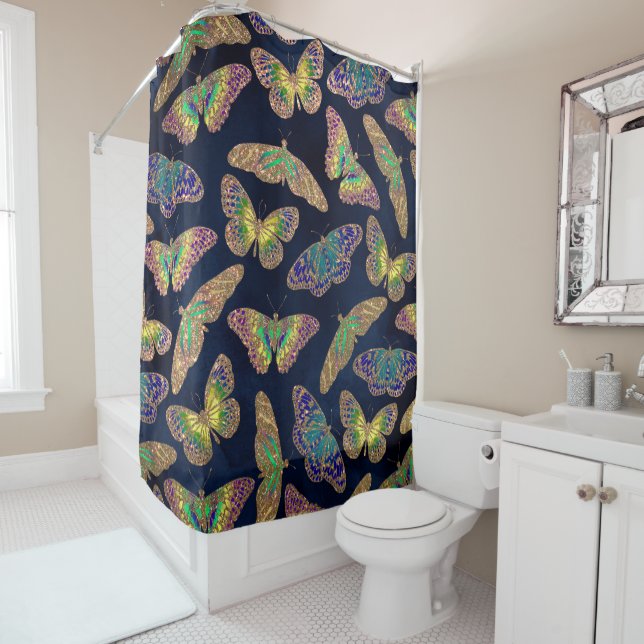 Navy Gold Butterflies Glitter Watercolor Pattern Shower Curtain (In Situ)