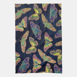 Navy Gold Butterflies Glitter Watercolor Pattern Tea Towel