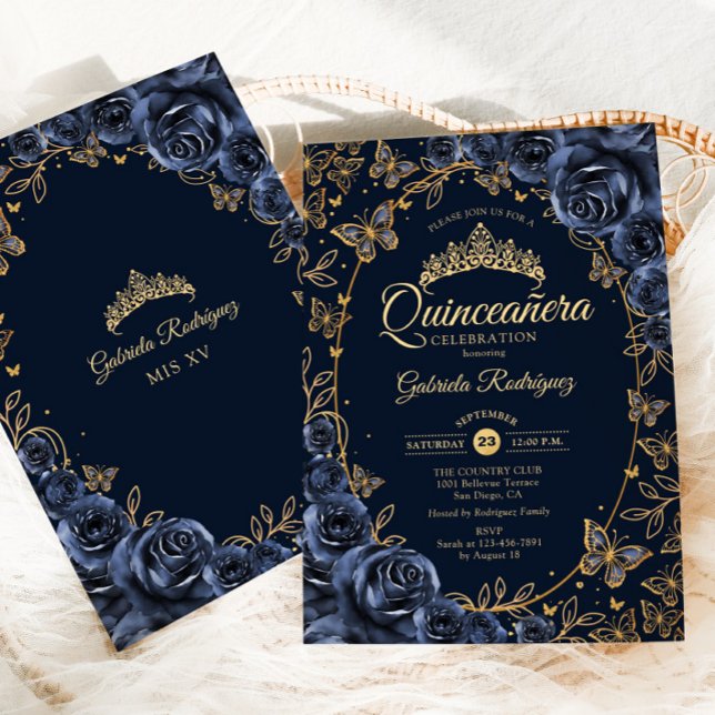 Navy Gold Butterflies Roses Quinceanera Invitation (Creator Uploaded)