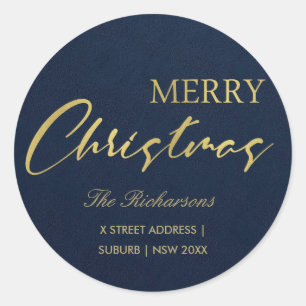 NAVY GOLD CALLIGRAPHY MERRY CHRISTMAS ADDRESS CLASSIC ROUND STICKER