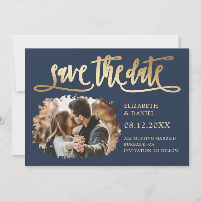 Navy Gold Calligraphy Wedding 2 Splatter Photo Save The Date (Front)
