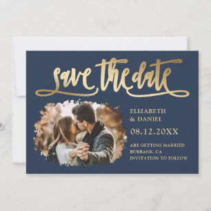 Navy Gold Calligraphy Wedding 2 Splatter Photo Save The Date