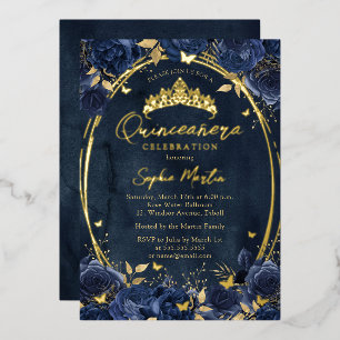 Navy Gold Captivating Floral Butterfly Quinceanera