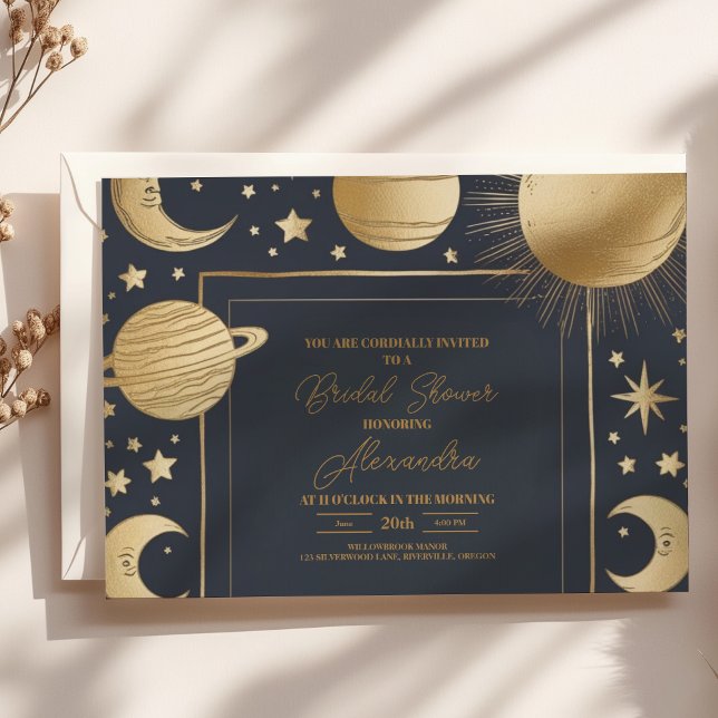 Navy Gold Celestial Crescent Moon Bridal Shower Invitation (Creator Uploaded)