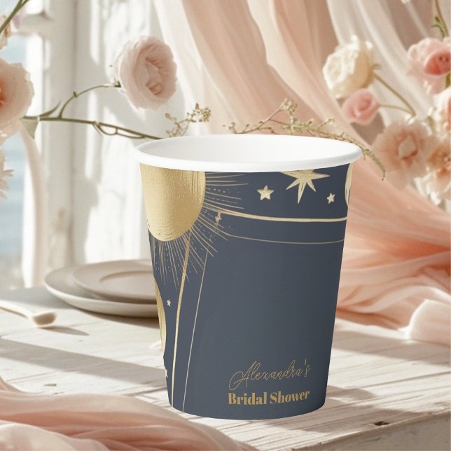 Navy Gold Celestial Crescent Moon Bridal Shower Paper Cups (Creator Uploaded)