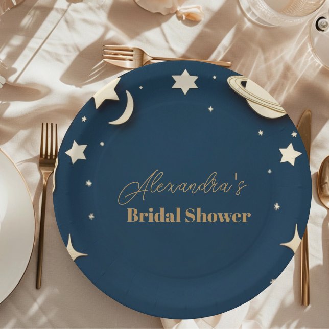 Navy Gold Celestial Crescent Moon Bridal Shower Paper Plate (Creator Uploaded)