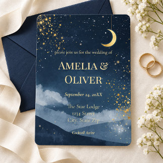 Navy Gold Celestial Moon Mountain Wedding Invitation