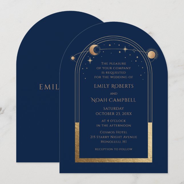 Navy Gold Celestial Sun Moon Stars Wedding Invitation (Front/Back)