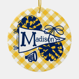 Navy Gold Cheer Pennant Gingham Personalised Ceramic Tree Decoration