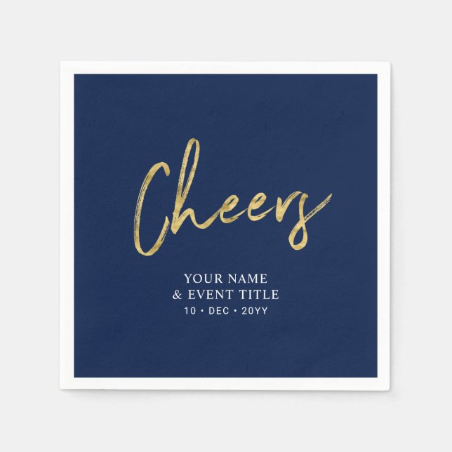 Navy & Gold Cheers Brush Script Party Celebrations Napkin (Front)
