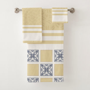 Navy & Gold Chequered Tile Pattern Elegant Geome Bath Towel Set