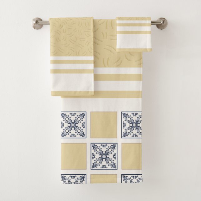 Navy & Gold Chequered Tile Pattern | Elegant Geome Bath Towel Set (Insitu)