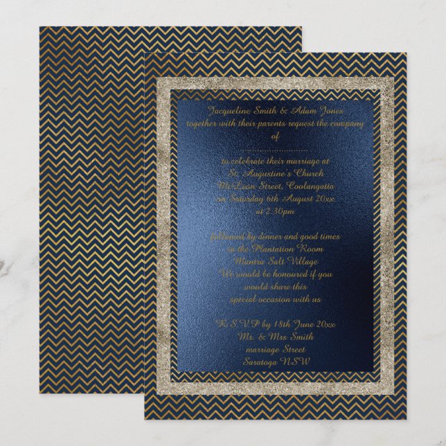 Navy Gold Chevron elegant wedding stationery Invitation (Front/Back)